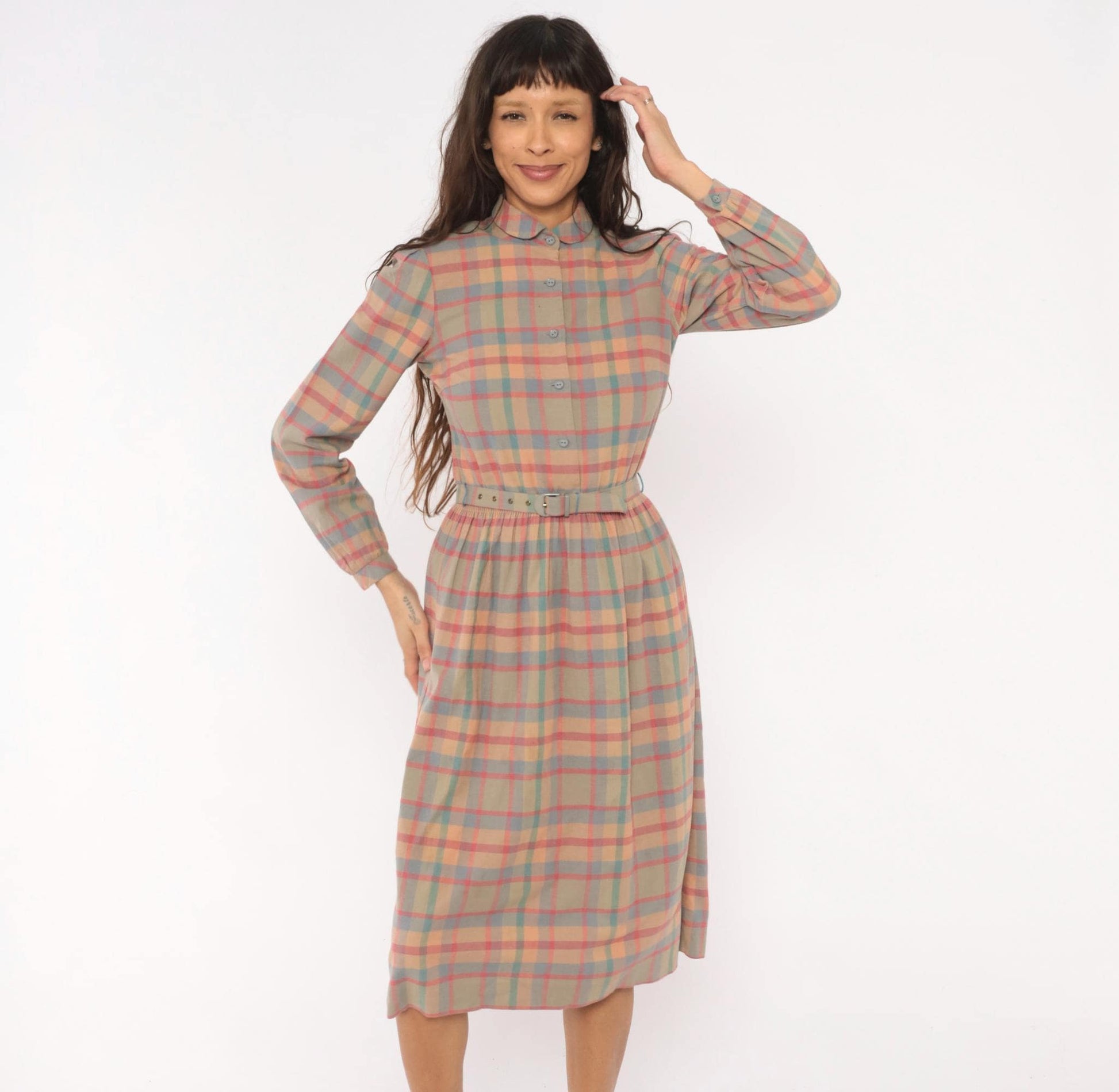 80s St. Maxime Plaid Shirtdress Peter Pan Collar Pastel Pink Blue Tan Medium