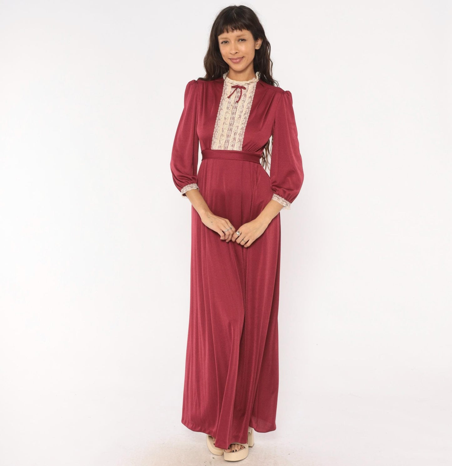 70s Burgundy Lace Bib Maxi Dress Puff Sleeve High Neck Ribbon Bow Extra Small