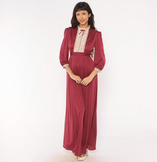 70s Burgundy Lace Bib Maxi Dress Puff Sleeve High Neck Ribbon Bow Extra Small