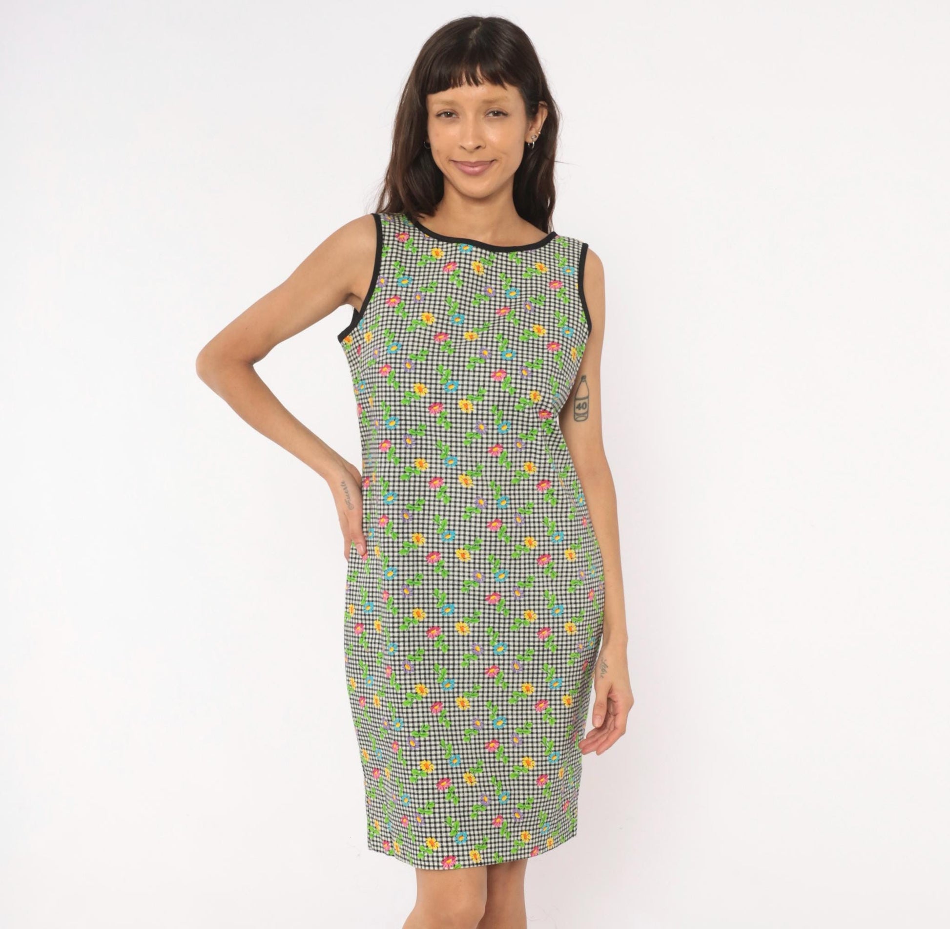 90s Misty Lane Gingham Daisy Shift Dress Cotton Black White Small