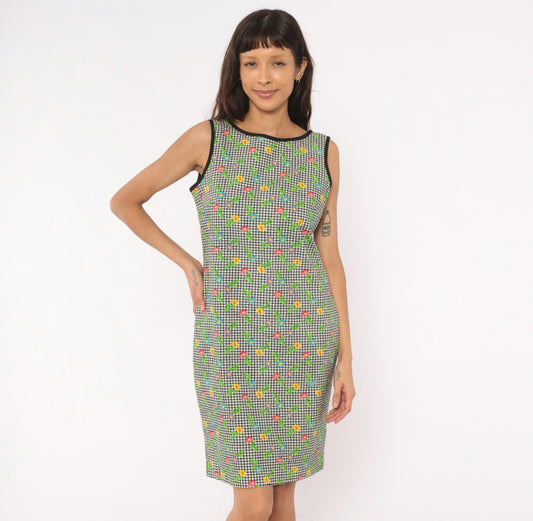 90s Misty Lane Gingham Daisy Shift Dress Cotton Black White Small