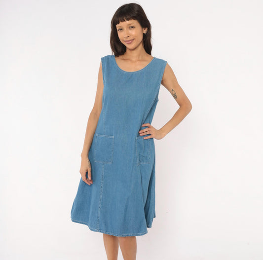 90s Denim Jazz Jumper Dress Sleeveless Scoop Neck Blue Shift Large L