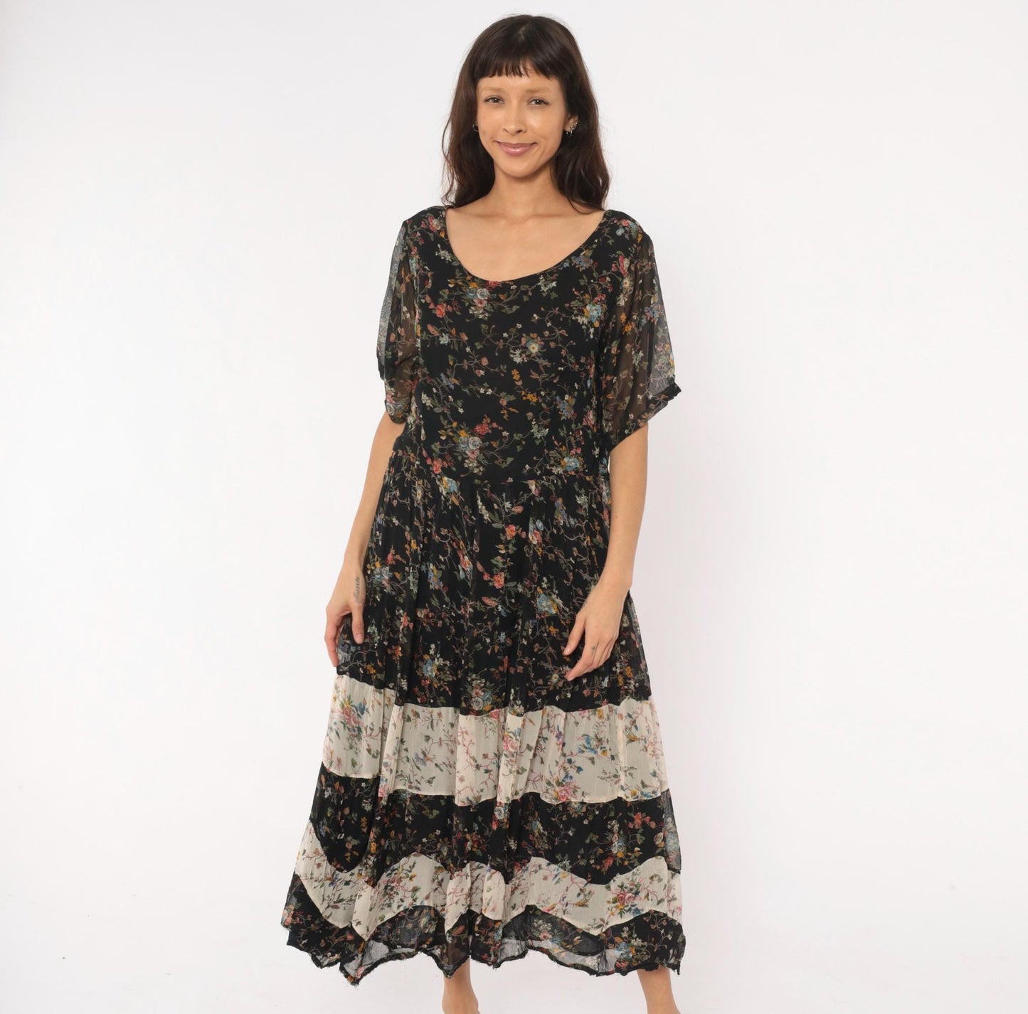 90s Bila Black Floral Maxi Dress Tiered Patchwork Short Sleeve Large L