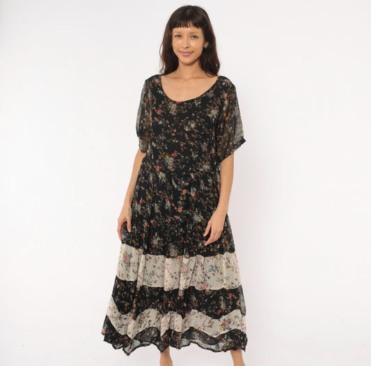 90s Bila Black Floral Maxi Dress Tiered Patchwork Short Sleeve Large L