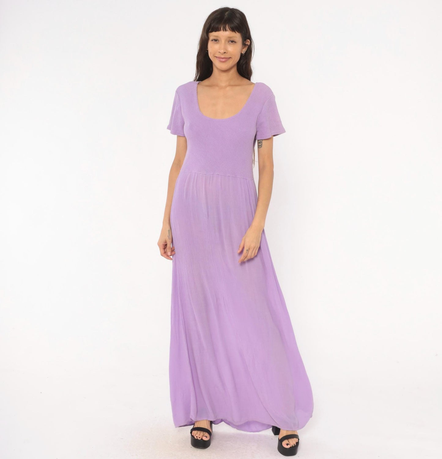 90s Basement Lavender Waffle Knit Maxi Dress Flutter Sleeve Scoop Neck One Size