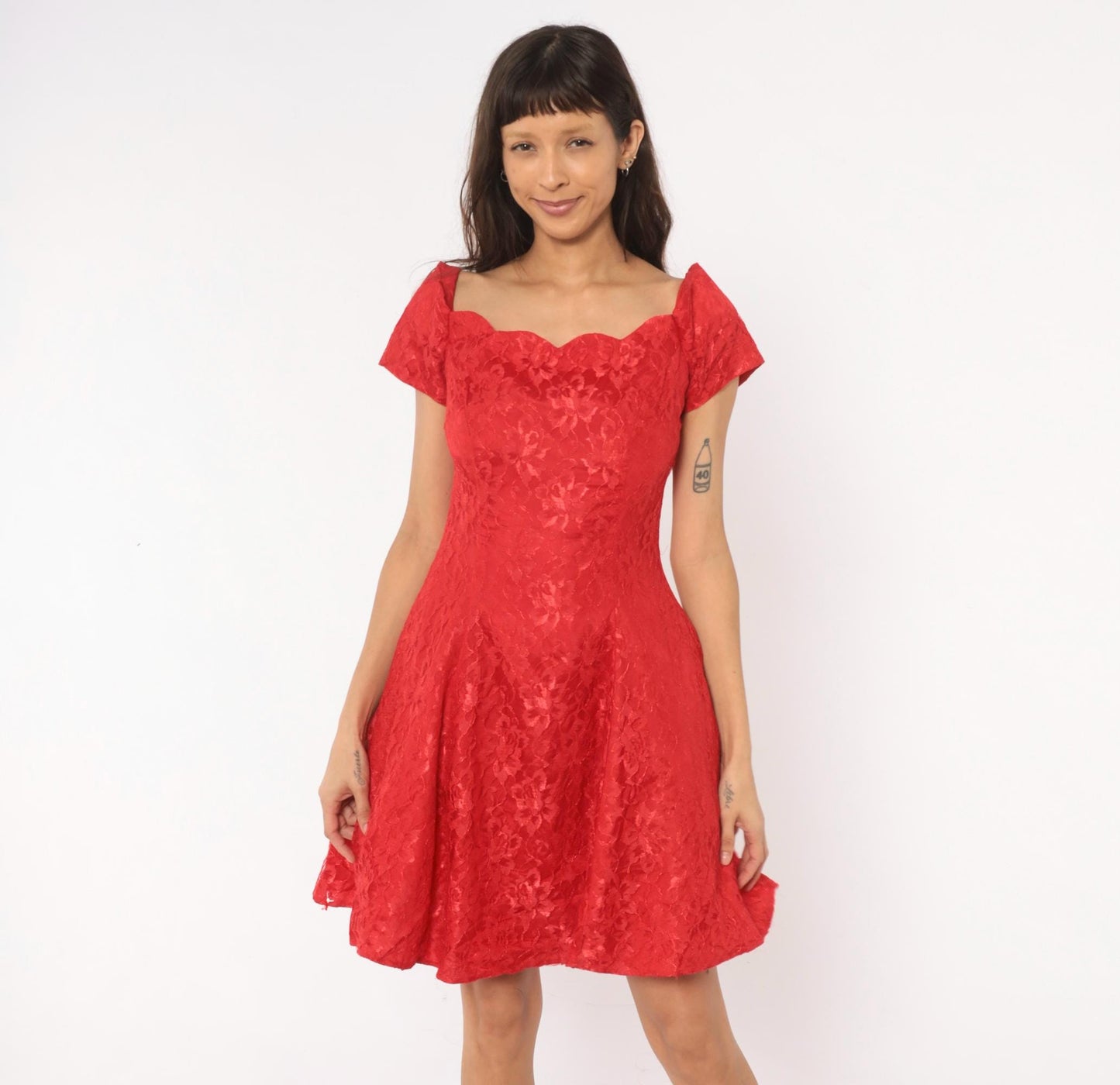 90s Roberta Red Lace Fit-and-Flare Dress Sweetheart Neckline Knee Medium M