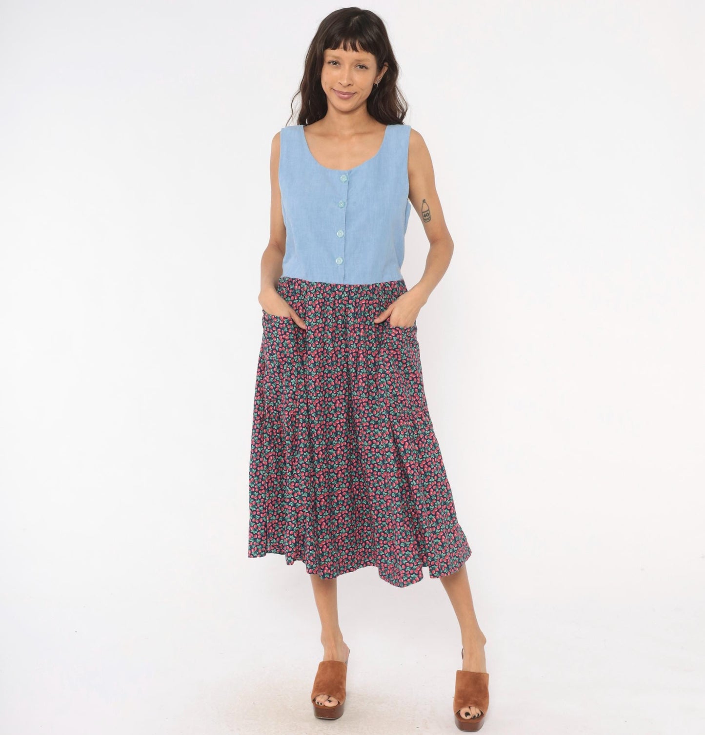 90s Raspberry Chambray Midi Dress Button Front Pockets Cotton Large L