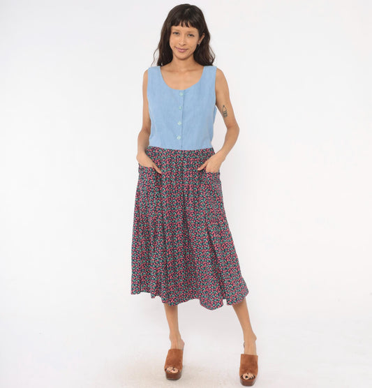 90s Raspberry Chambray Midi Dress Button Front Pockets Cotton Large L