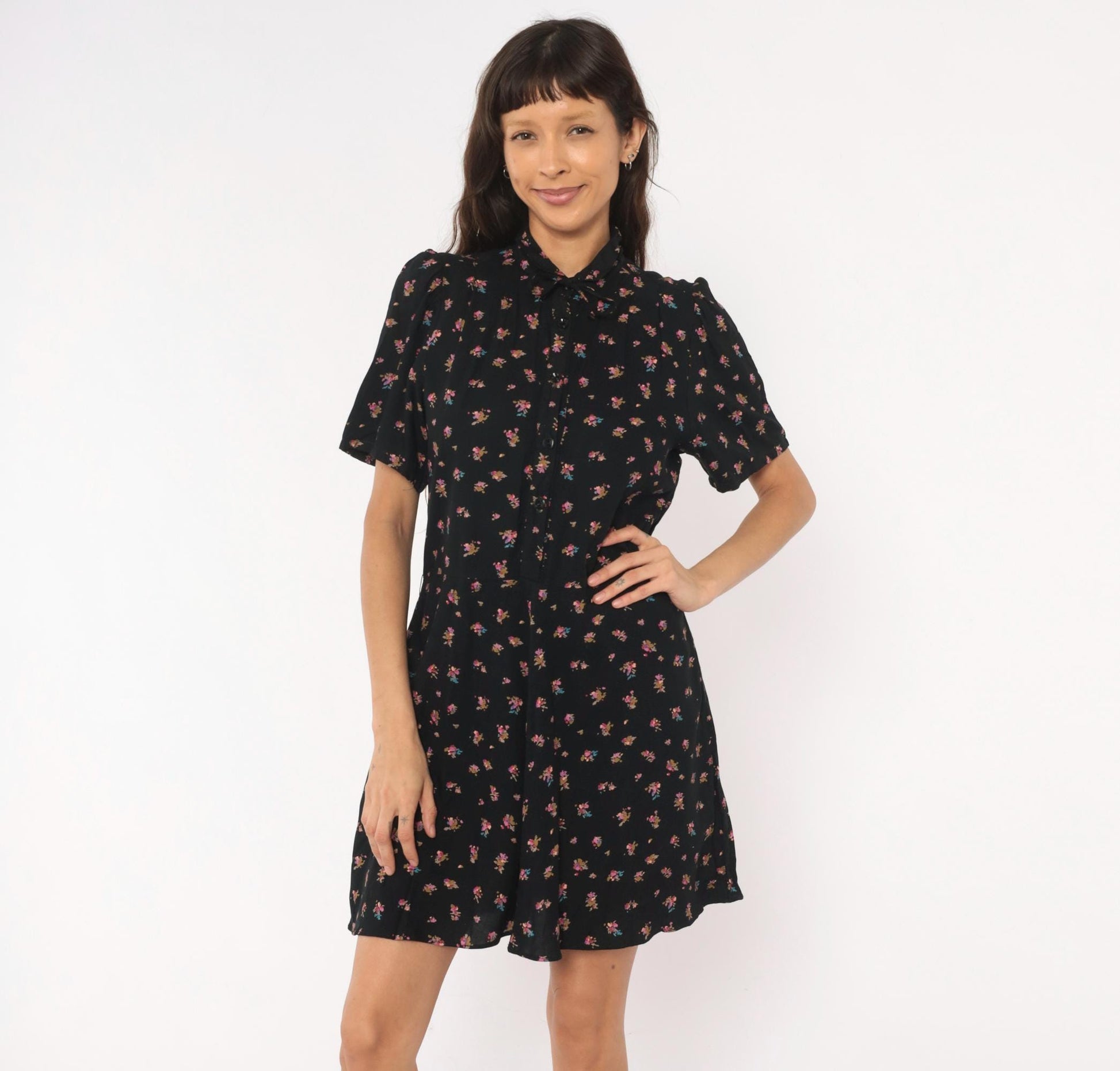 80s Belle France Ditsy Floral Babydoll Mini Dress Black Puff Sleeve Medium