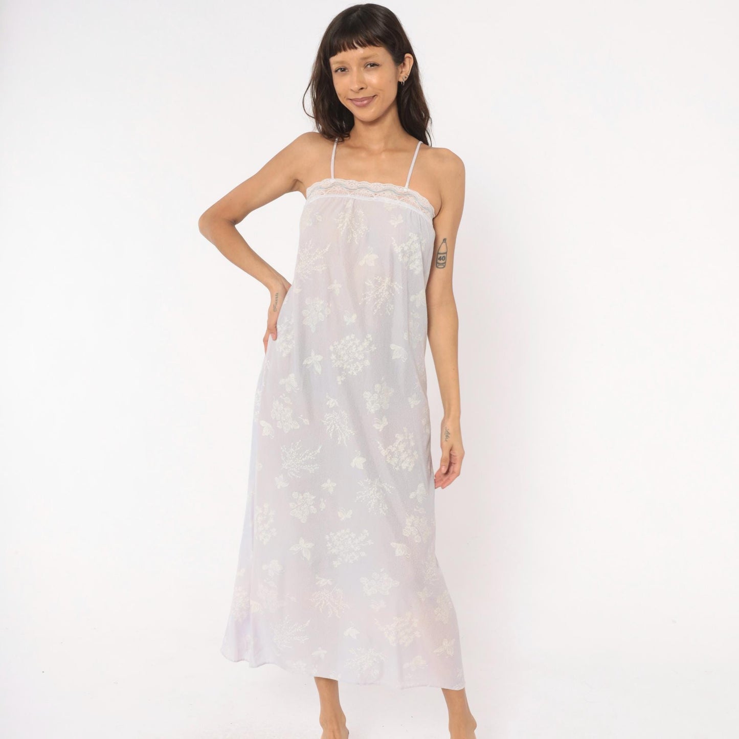 80s Lavender Floral Butterfly Maxi Nightgown Spaghetti Strap Lace Trim Small