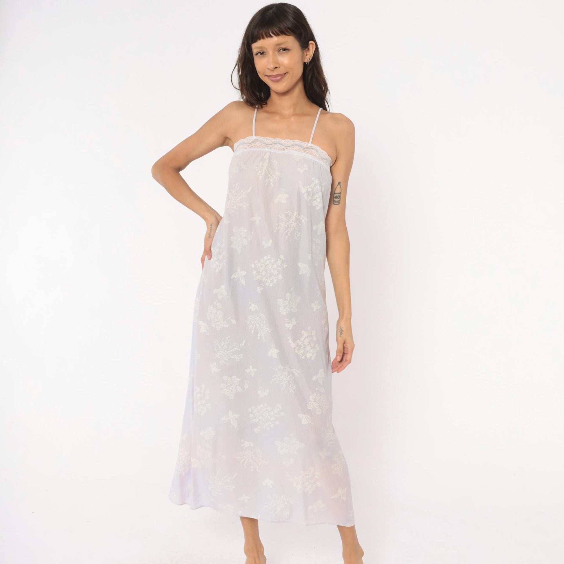 80s Lavender Floral Butterfly Maxi Nightgown Spaghetti Strap Lace Trim Small