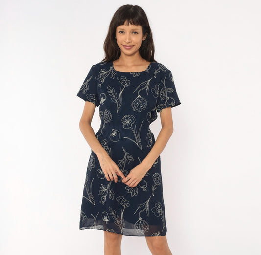 90s Talbots Navy Botanical Line Drawing Knee Dress White Floral Scoop Neck Large L