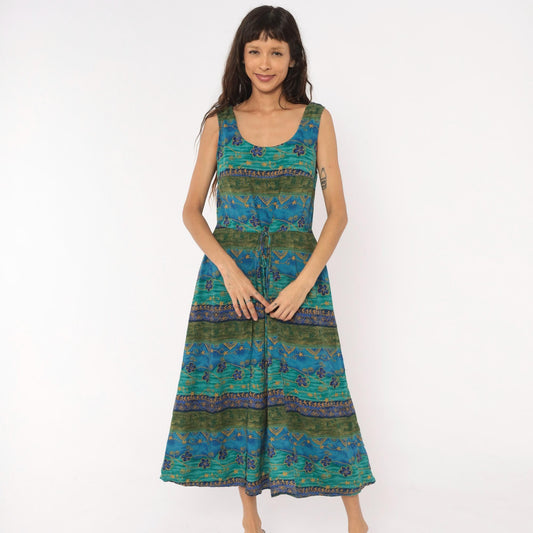 90s Tribal Floral Midi Dress Teal Blue Green Gold Tie Waist Tank Medium M