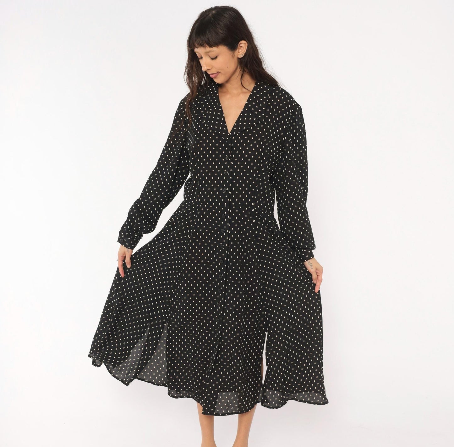 90s Liz Claiborne Polka Dot Shirt Dress Black White Midi Collar Extra Large XXL