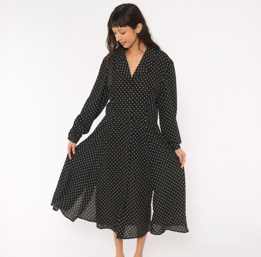 90s Liz Claiborne Polka Dot Shirt Dress Black White Midi Collar Extra Large XXL