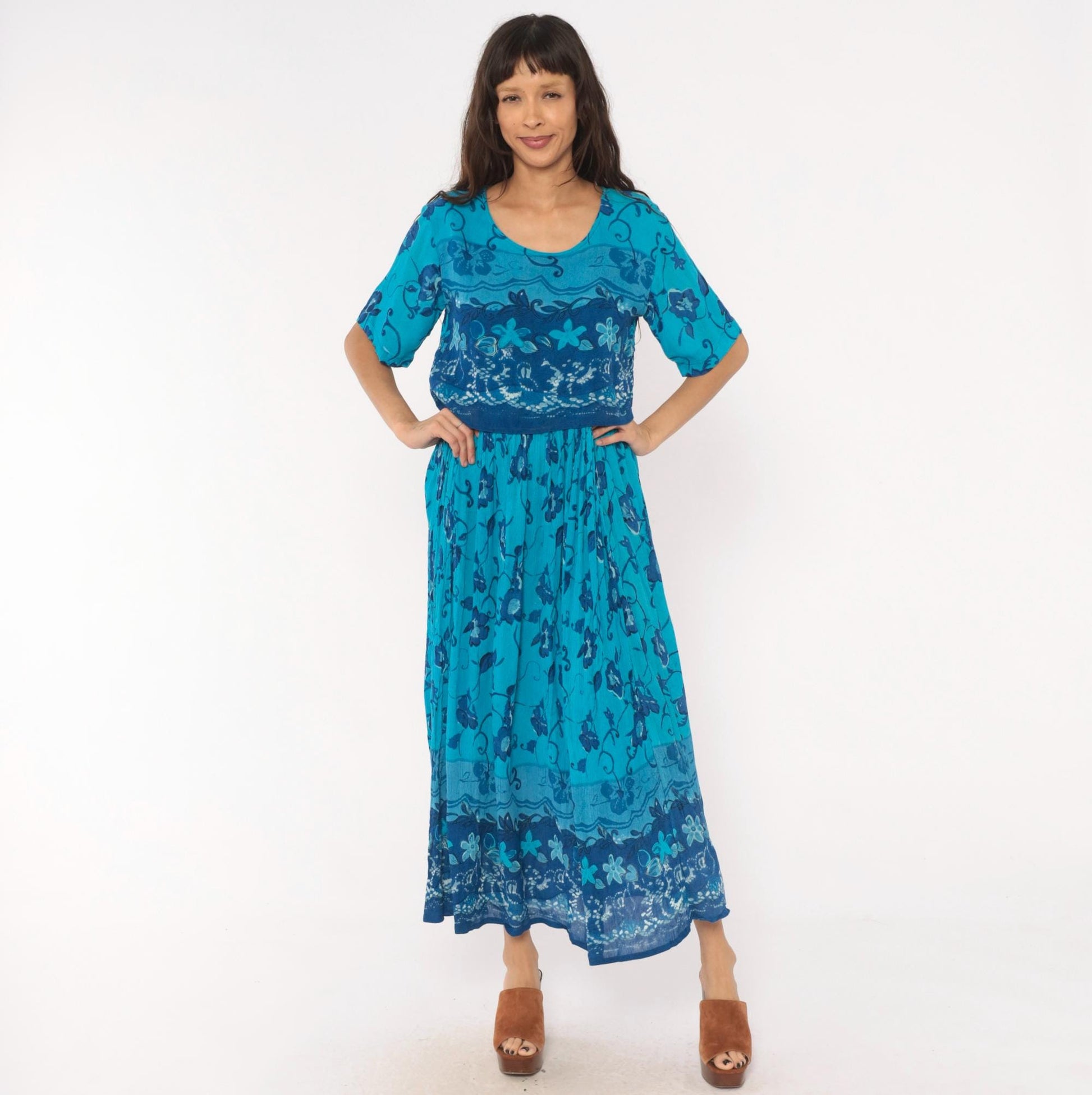 90s Style Teal Floral Maxi Dress Short Sleeve Vine Print Blue Medium M
