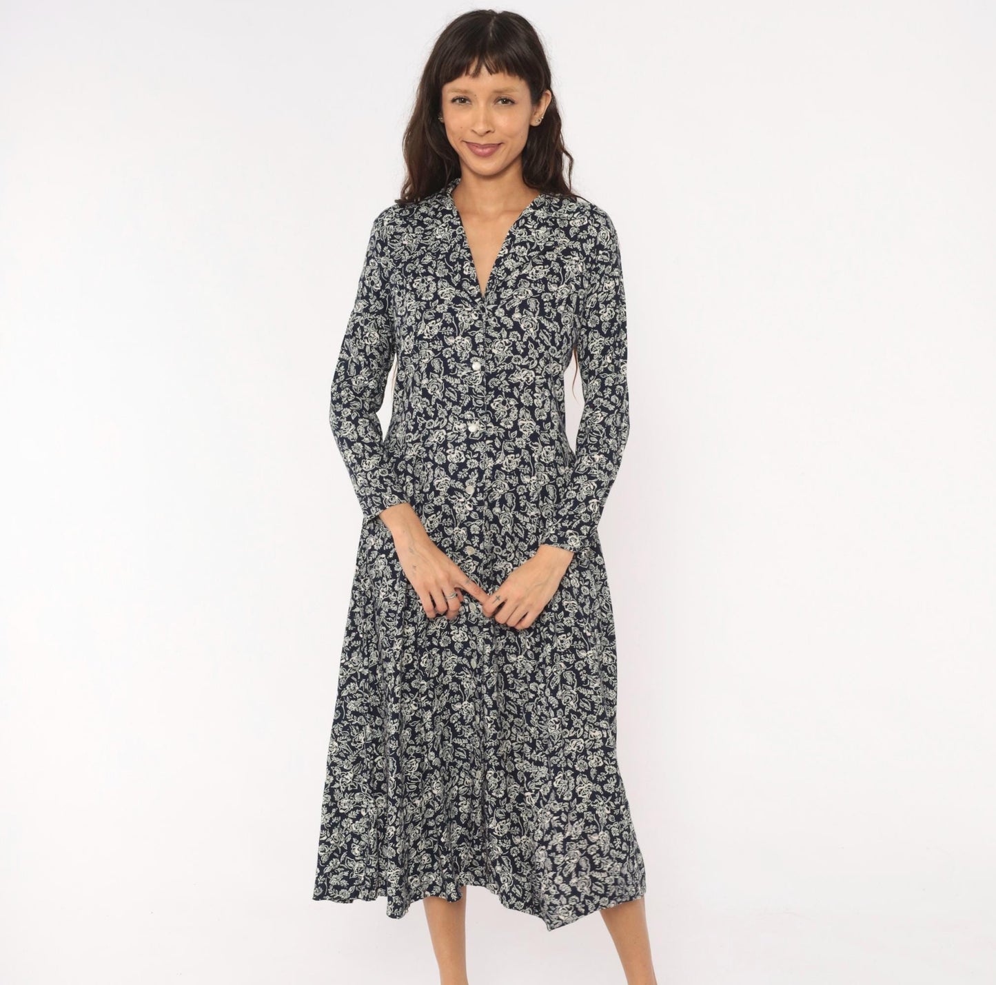 90s Two Twenty Floral Button Front Midi Dress Navy Cream Rose Print Medium M
