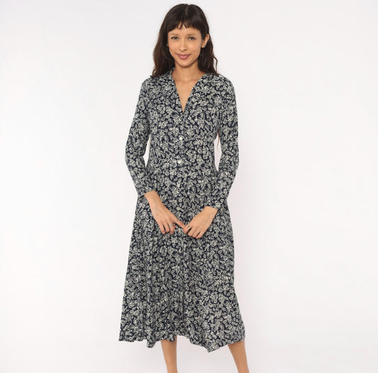 90s Two Twenty Floral Button Front Midi Dress Navy Cream Rose Print Medium M