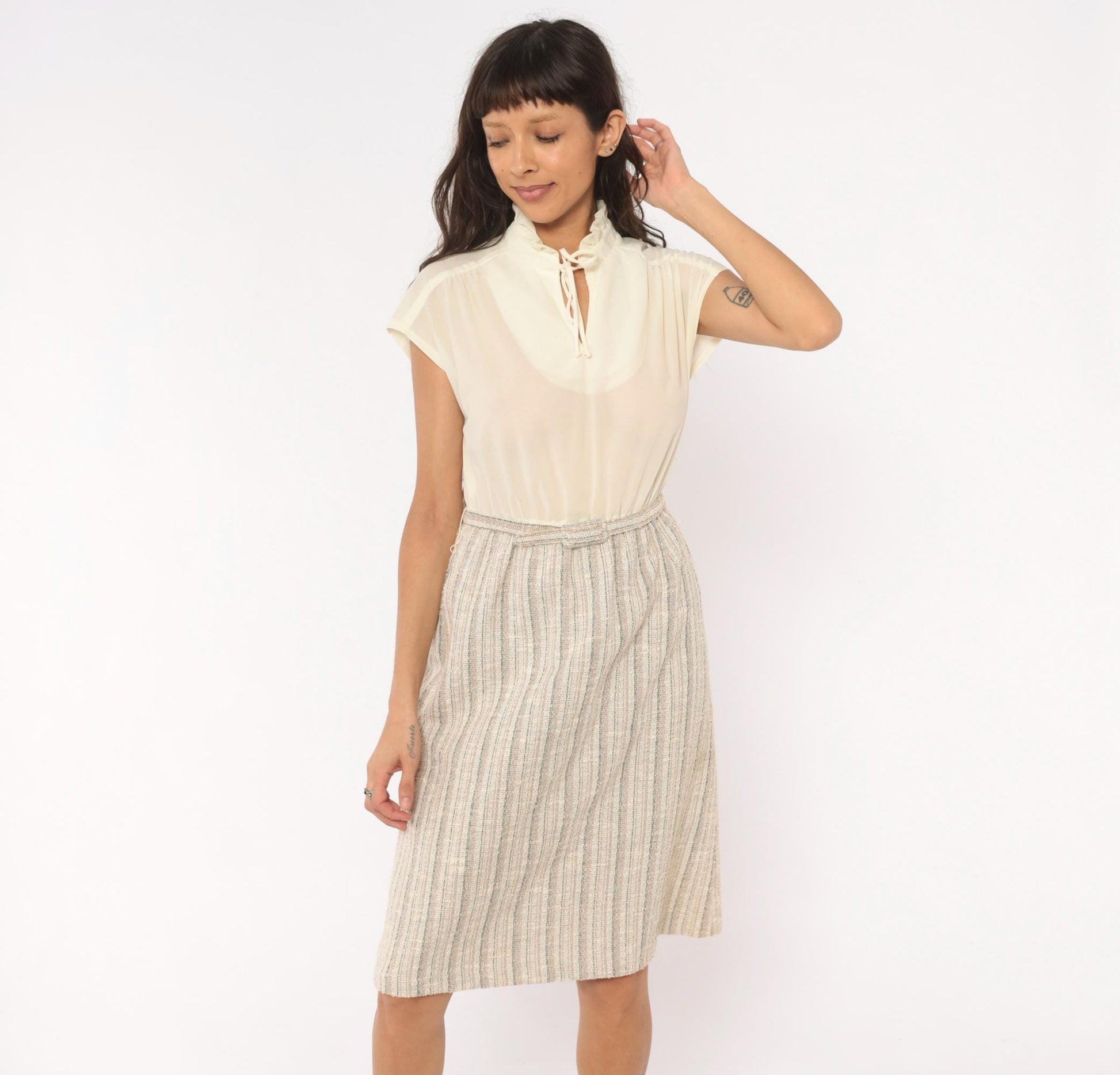 80s Berg Ray Two-Piece Set Sheer Cream Blouse Tan Tweed Skirt Medium M