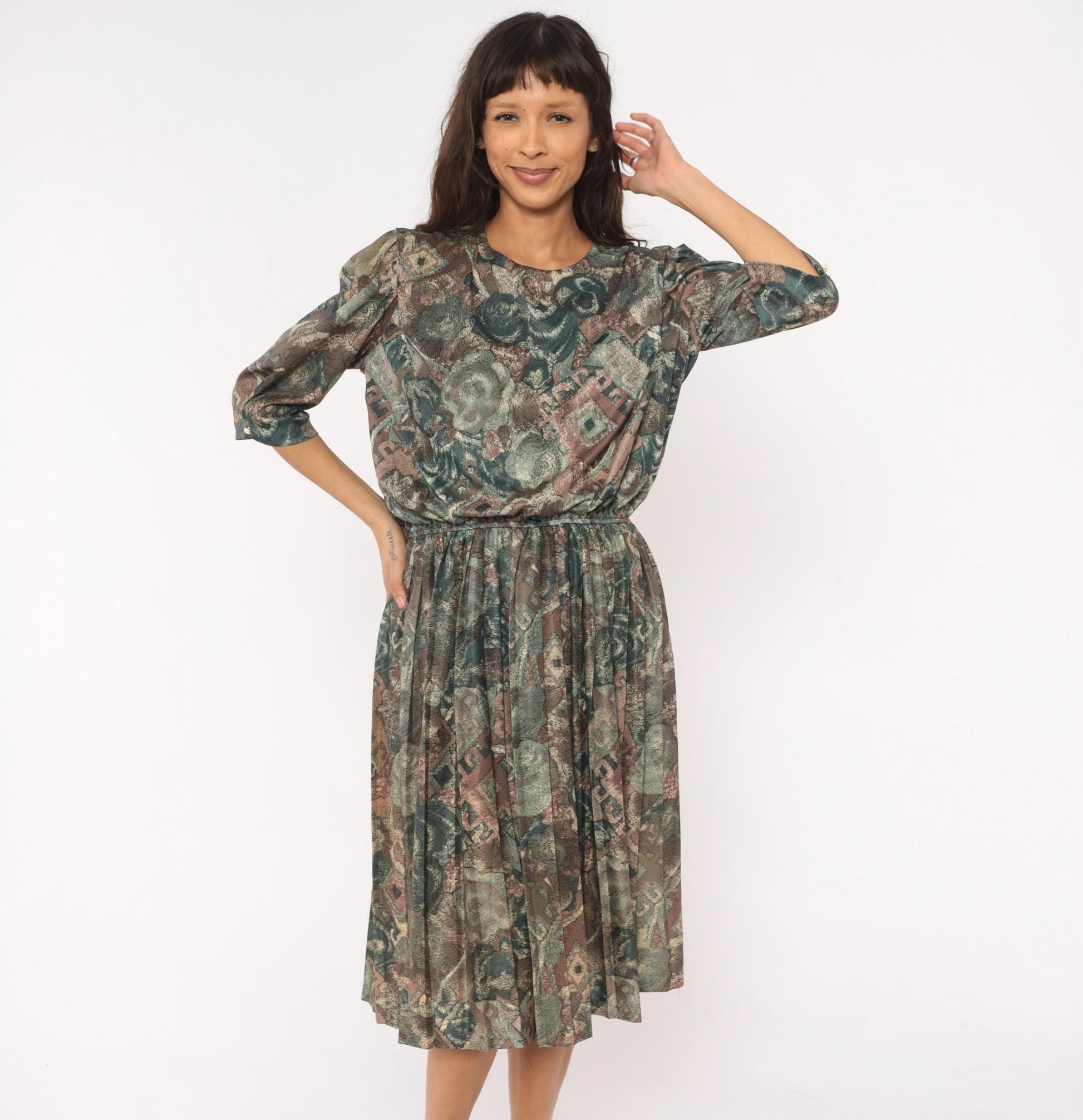 80s M.C.S.Ltd. Abstract Floral Patchwork Dress Puff Sleeve Pleated Knee Teal Medium Large