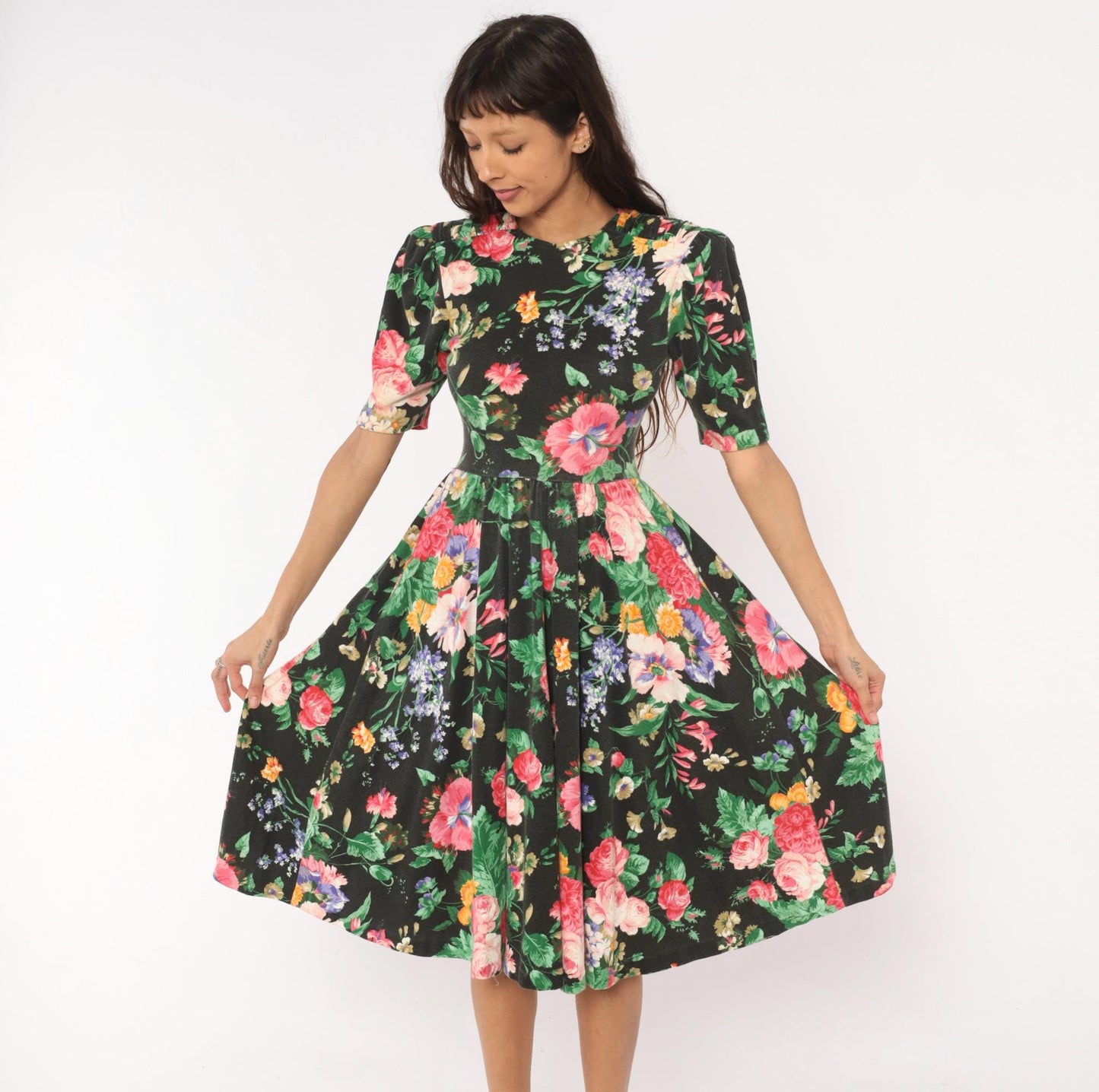 90s Expo Petite Floral Midi Dress Black Pink Puff Sleeve Small