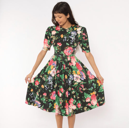 90s Expo Petite Floral Midi Dress Black Pink Puff Sleeve Small