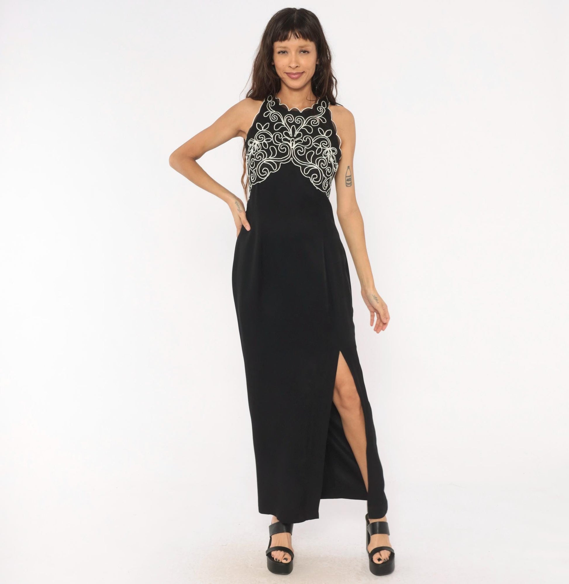 90s Scott Mcclintock Black Maxi Halter Gown White Soutache Embroidery Medium M
