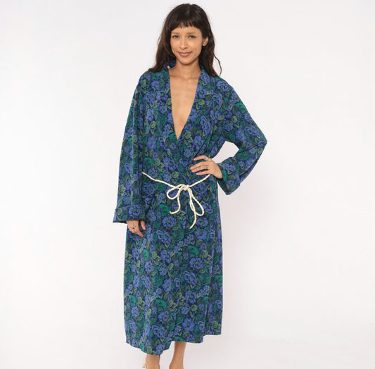 90s Cacique Floral Wrap Robe Periwinkle Navy Botanical Print Midi Large L
