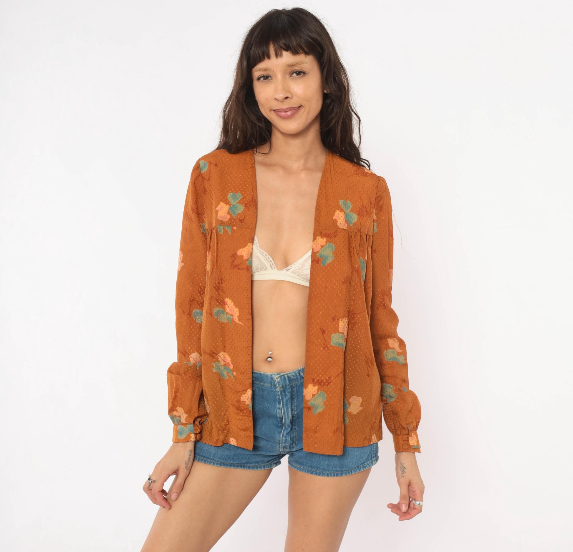 70s Floral Open Front Blouse Rust Copper Puff Sleeve Dobby Weave Small S