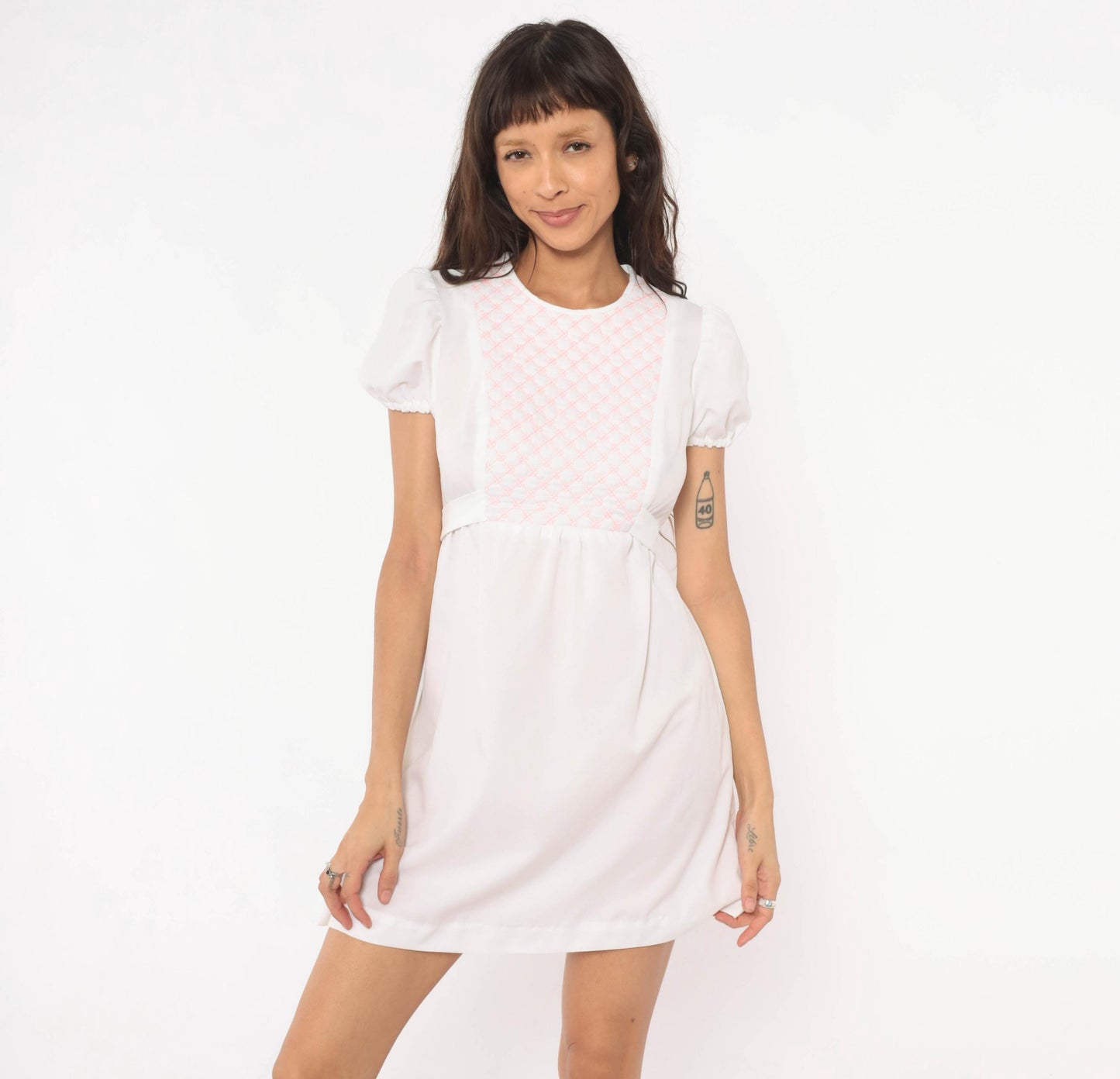 70s Sears Jr White Pink Quilted Puff Sleeve Mini Dress A-Line Small