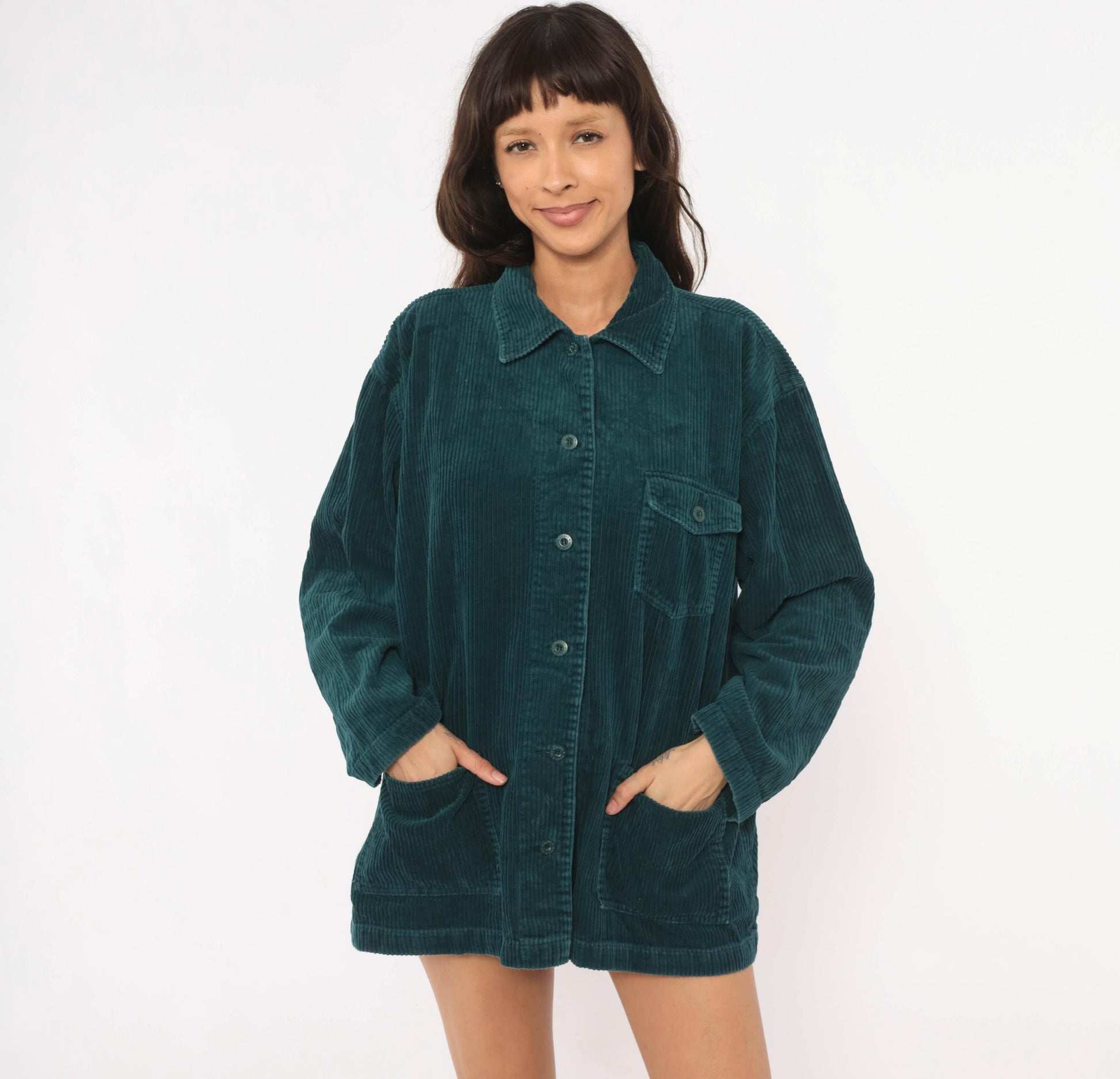 90s Teal Corduroy Shacket Wide Wale Button Front Shirt Jacket Large L