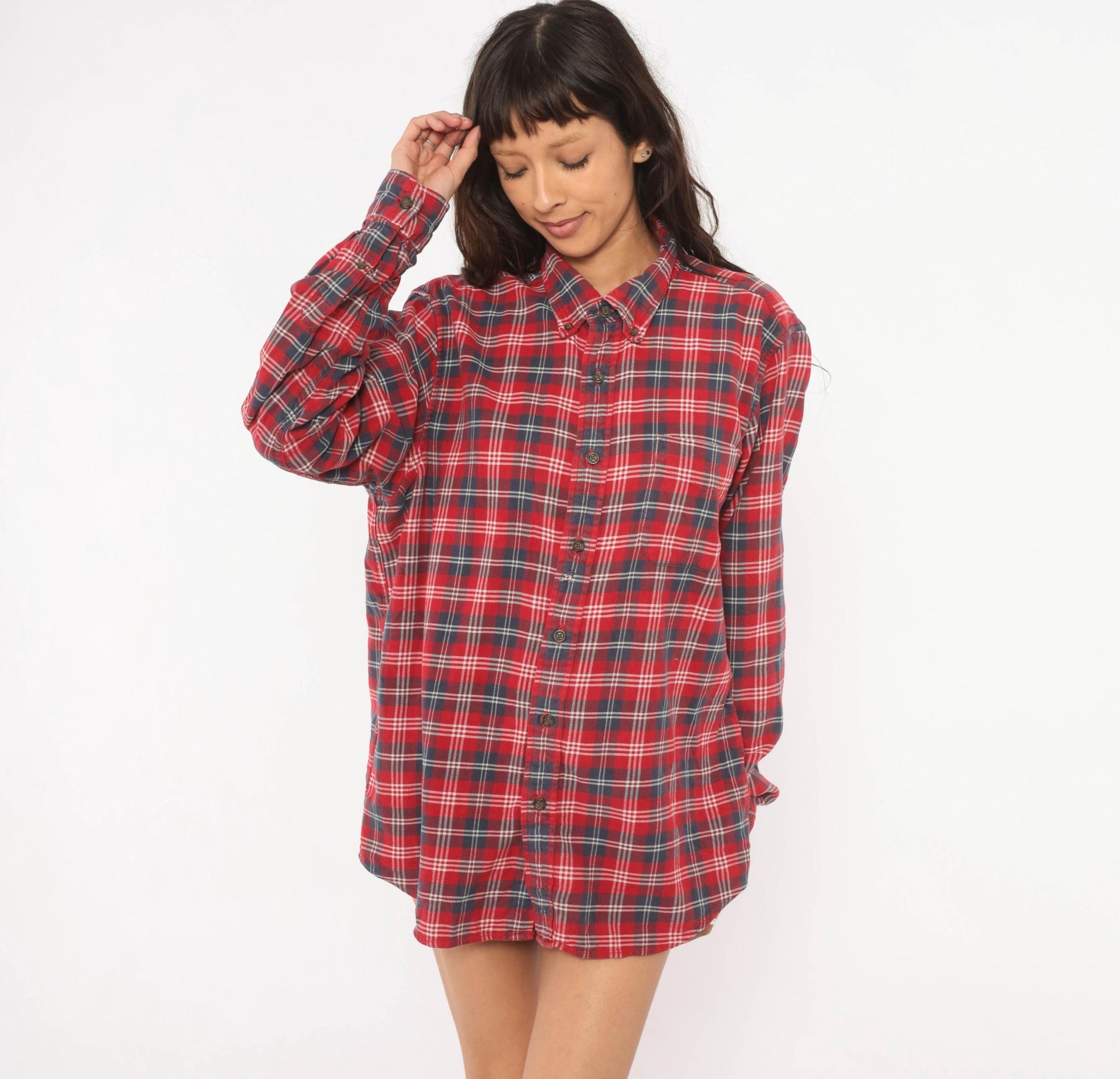 2000s Eddie Bauer Red Plaid Flannel Shirt Cotton Button-Up Large L