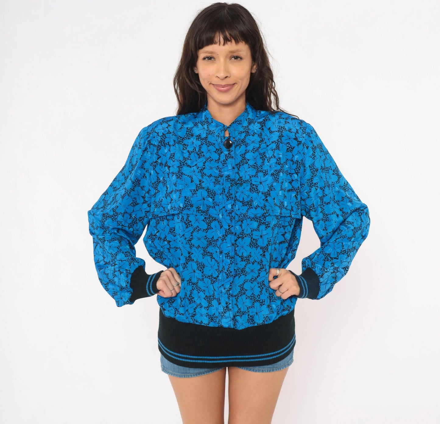 80s B.G.B.Ltd. Floral Bomber Blouse Cobalt Blue Black Mandarin Collar Large L