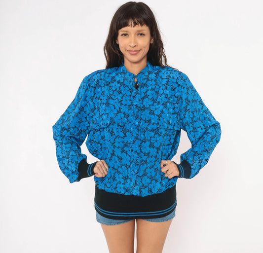 80s B.G.B.Ltd. Floral Bomber Blouse Cobalt Blue Black Mandarin Collar Large L