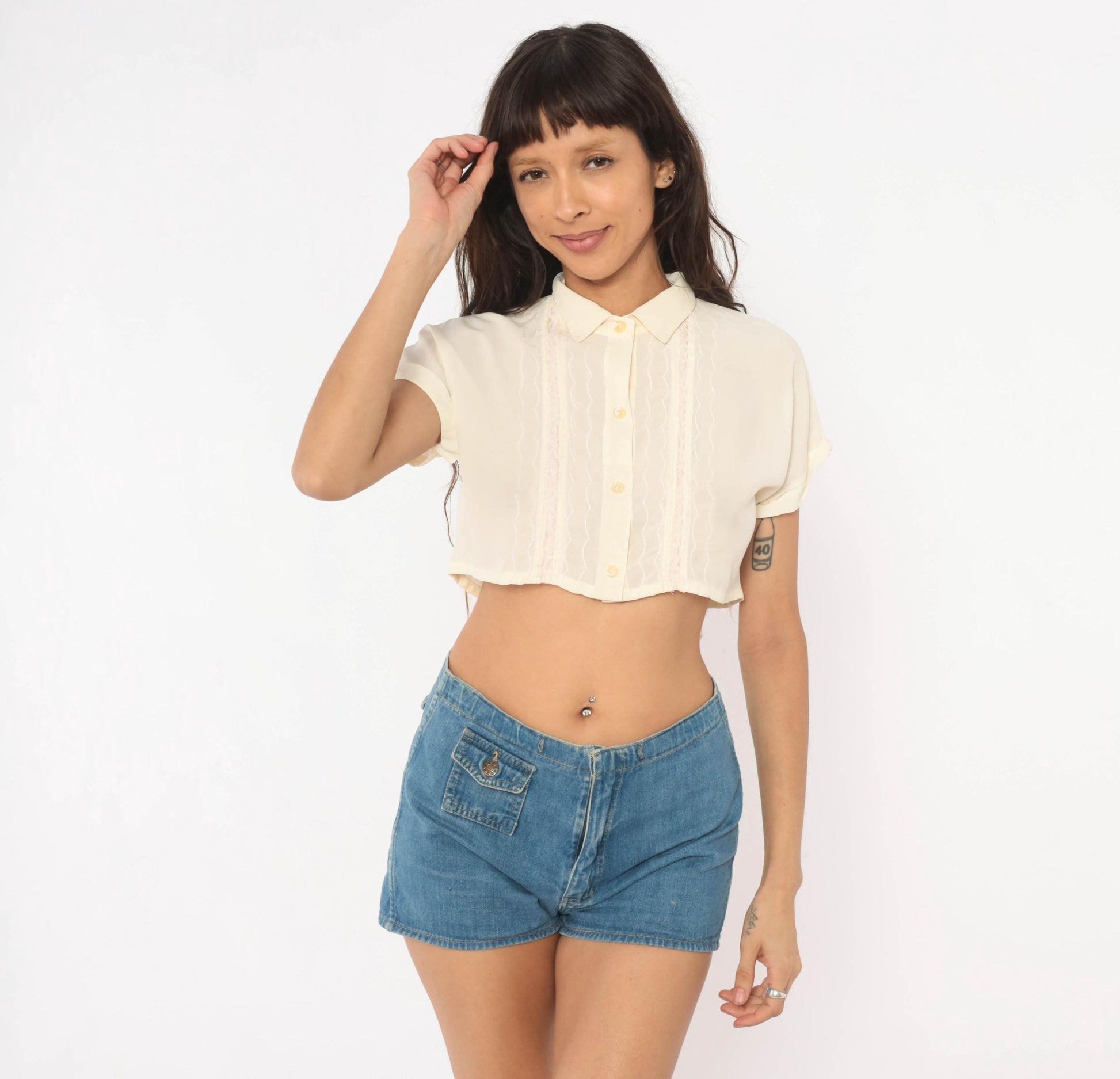 70s Caraco California Cream Crop Top Lace Pintuck Button Front Small