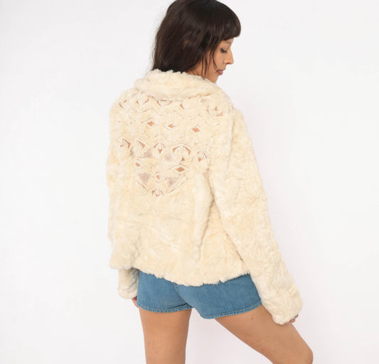 Free People 2000s Cream Faux Fur Jacket Tribal Embroidery Shawl Collar Medium M