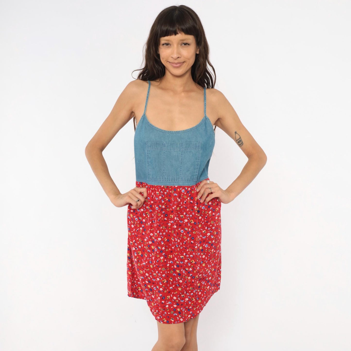 90s California Concepts Denim Floral Sundress Red Calico Mini Medium