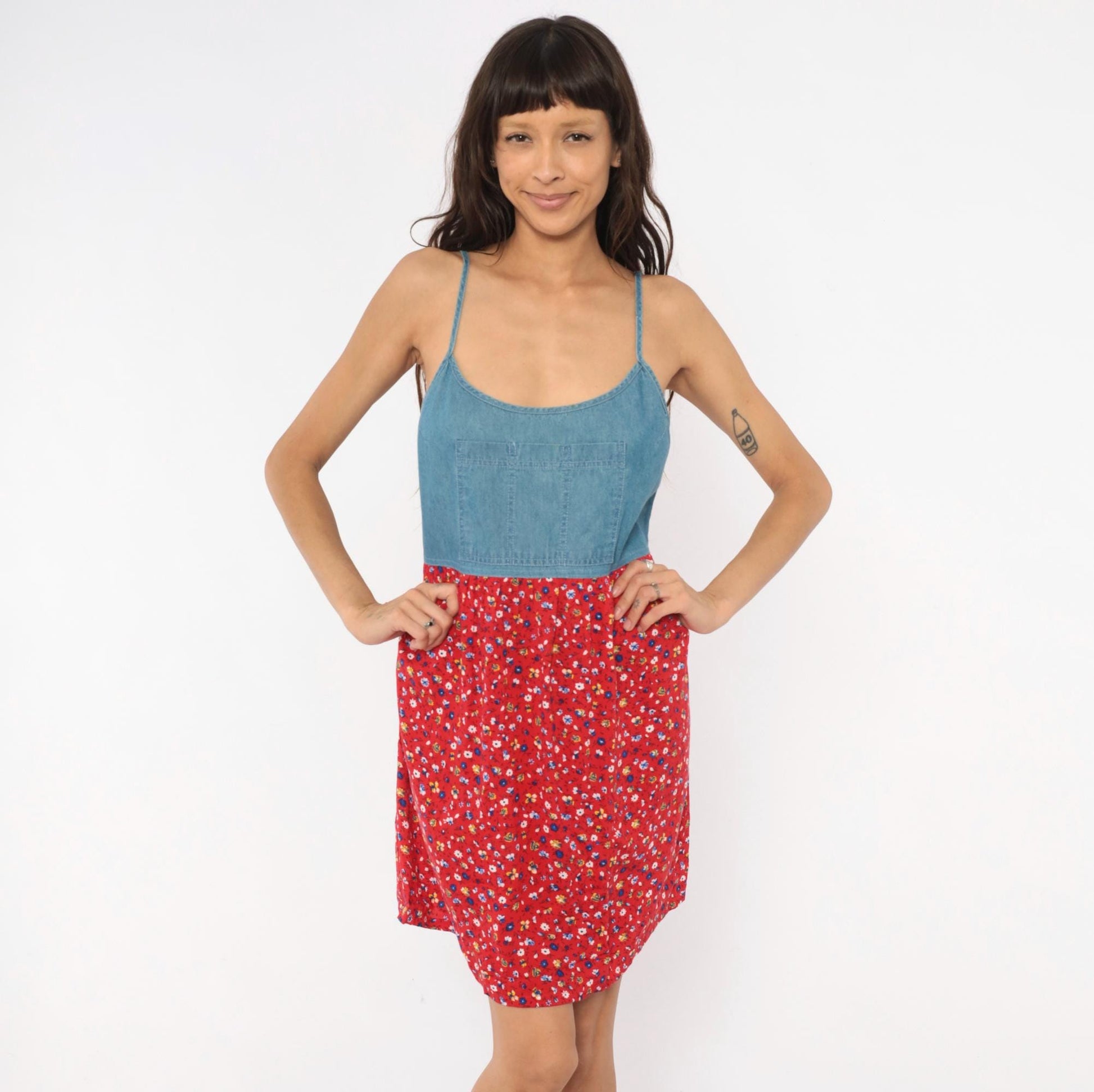 90s California Concepts Denim Floral Sundress Red Calico Mini Medium