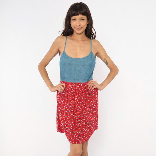90s California Concepts Denim Floral Sundress Red Calico Mini Medium