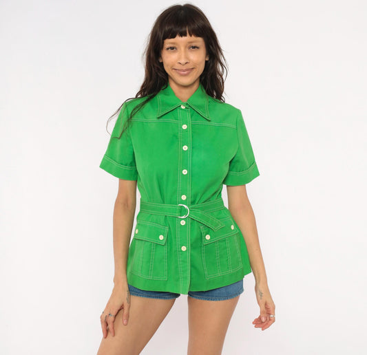 70s Bronson of California Safari Blouse Green Cotton Pointed Collar Small