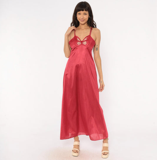 70s Berry Red Butterfly Cutout Nylon Nightgown Maxi Spaghetti Strap Small
