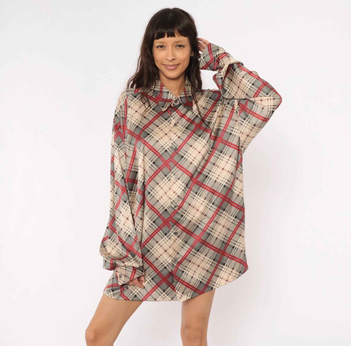 70s Monzini Plaid Button-Front Shirt Burgundy Pointed Collar Extra Large XL