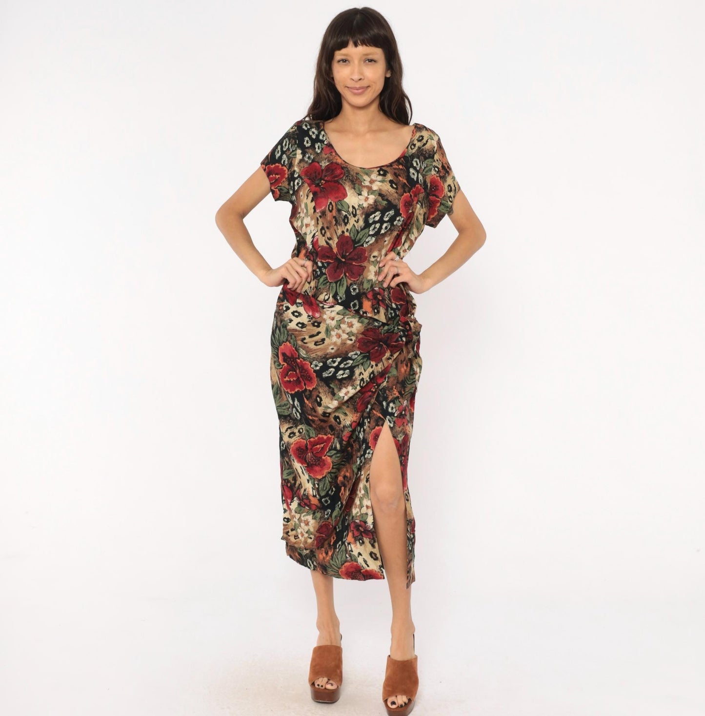 90s Lew Magram Floral Leopard Midi Dress Red Hibiscus Animal Print Large L