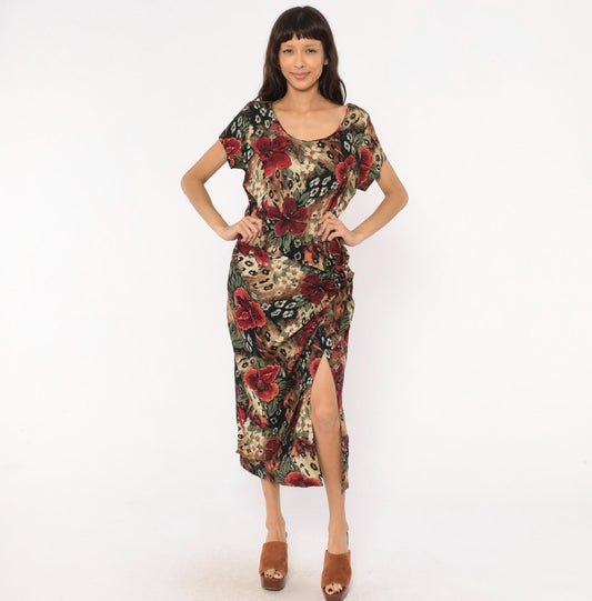90s Lew Magram Floral Leopard Midi Dress Red Hibiscus Animal Print Large L