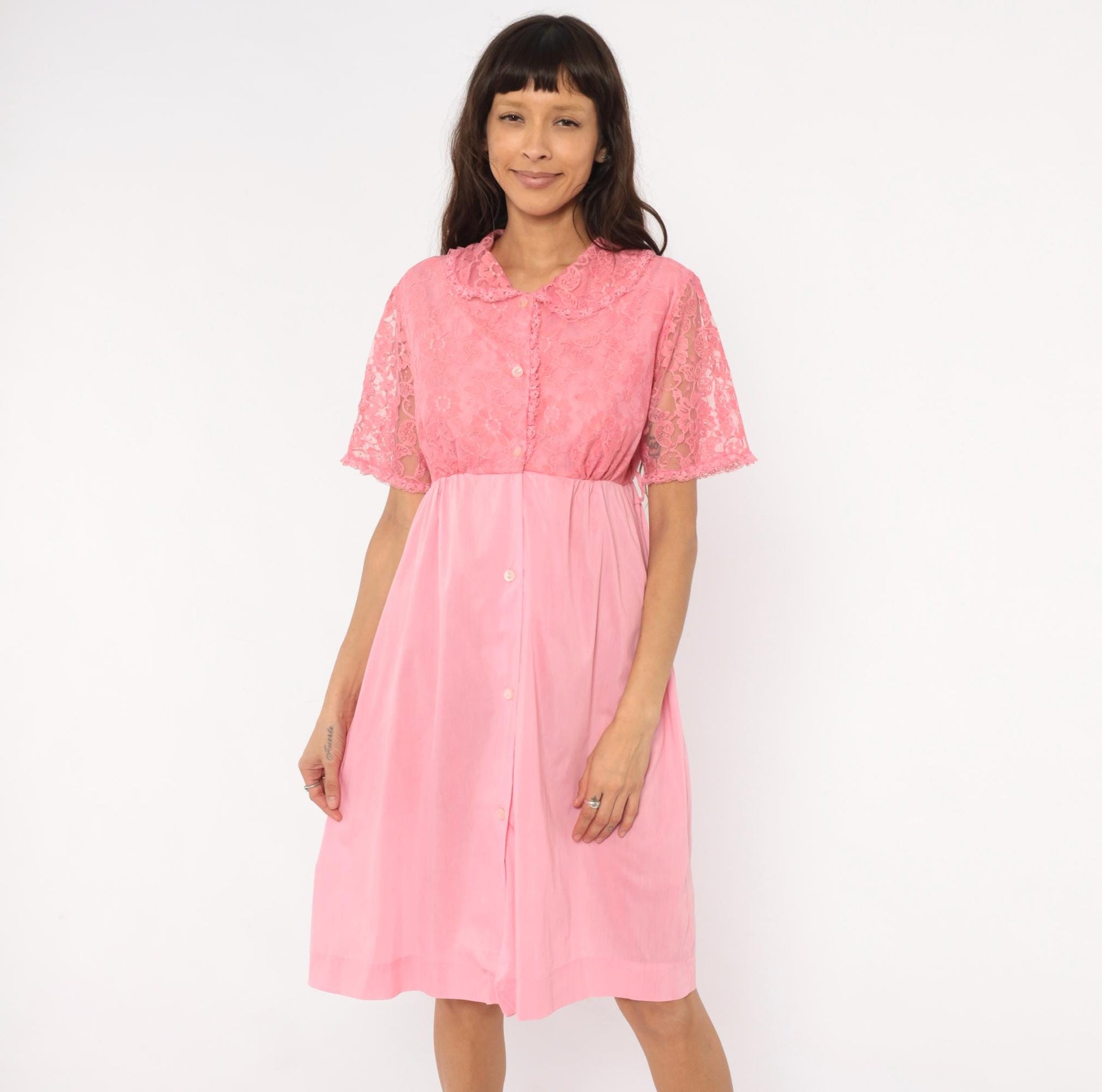 80s Pink Lace Housecoat Button Front Floral Nightgown Large L