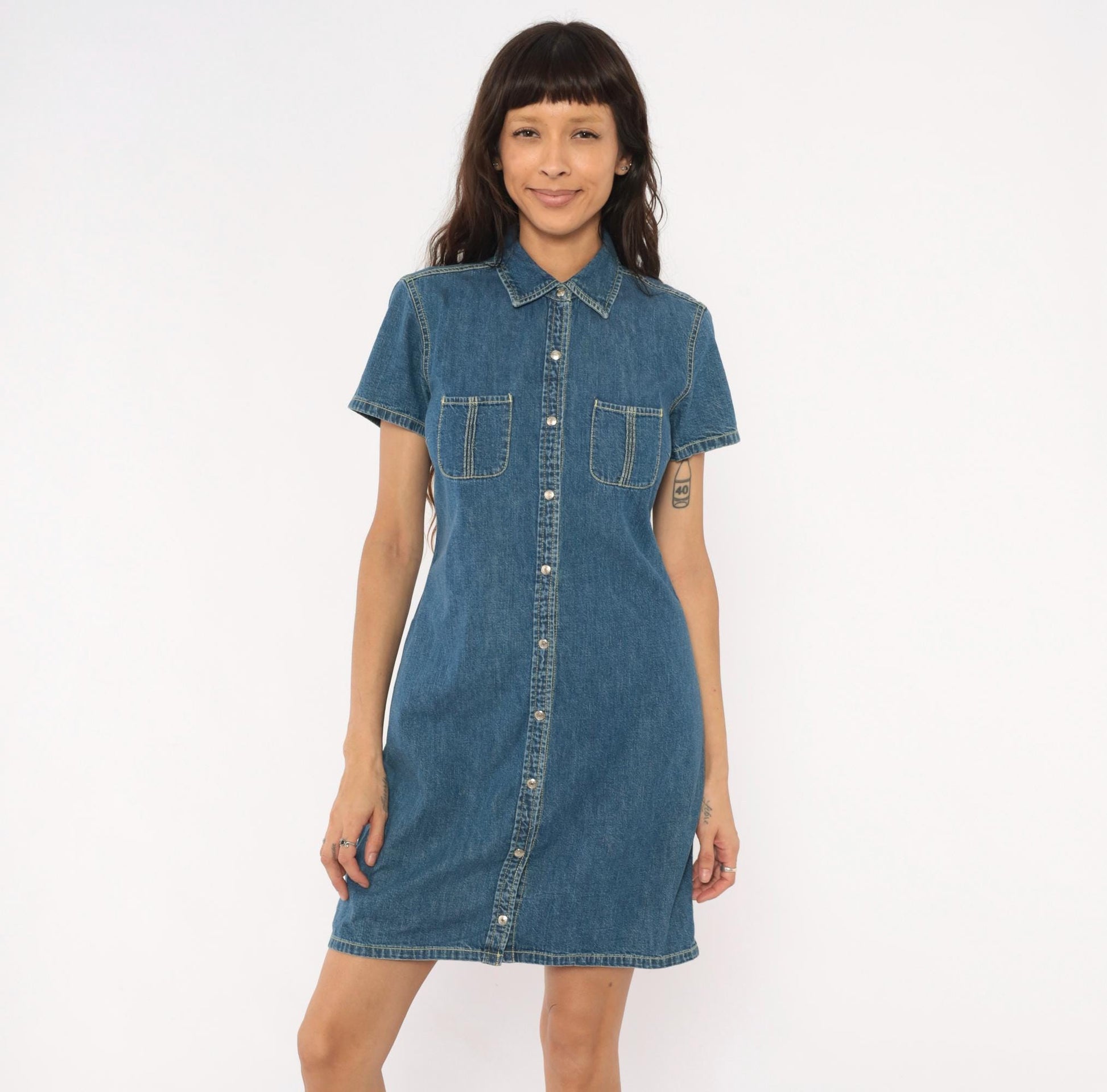 Y2K Tommy Hilfiger Denim Shirt Dress Blue Jean Snap Front Small S