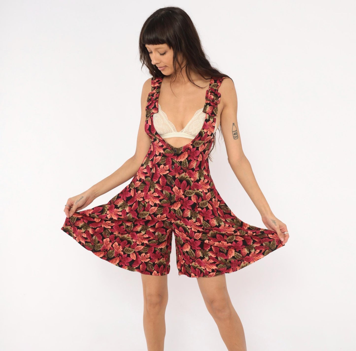 90s Ivy Impressions Leaf Print Romper Wide Leg Burgundy Black Small S