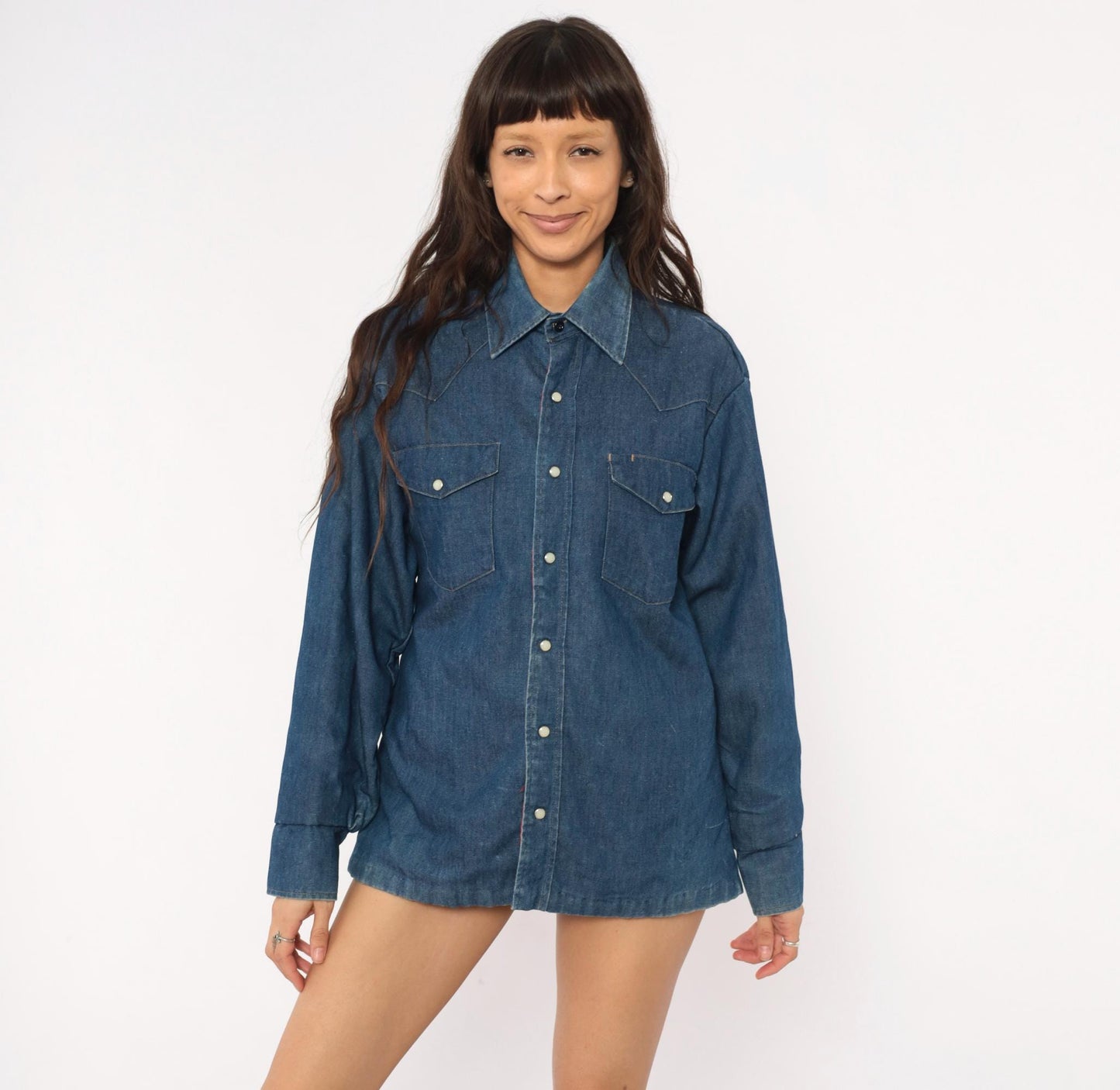80s JC Penney Western Denim Shirt Cobalt Blue Pearl Snap Yoke Medium