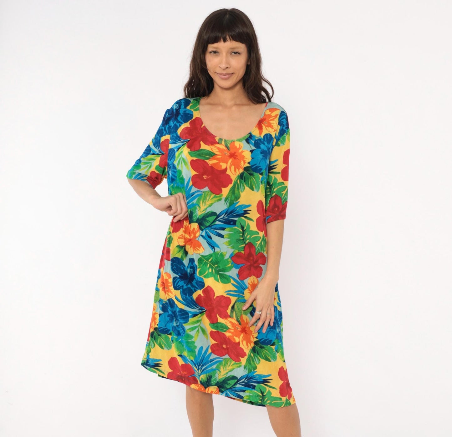 90s Slinky Brand Tropical Hibiscus Dress Scoop Neck Half Sleeve Plus Size XXL