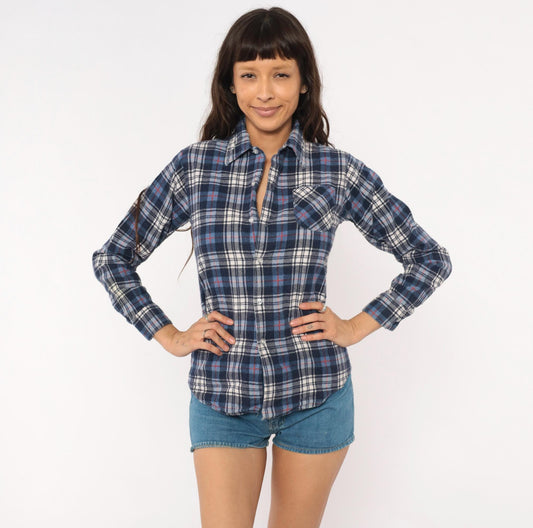 80s JC Penney Navy Plaid Flannel Shirt Cotton Button-Up XS